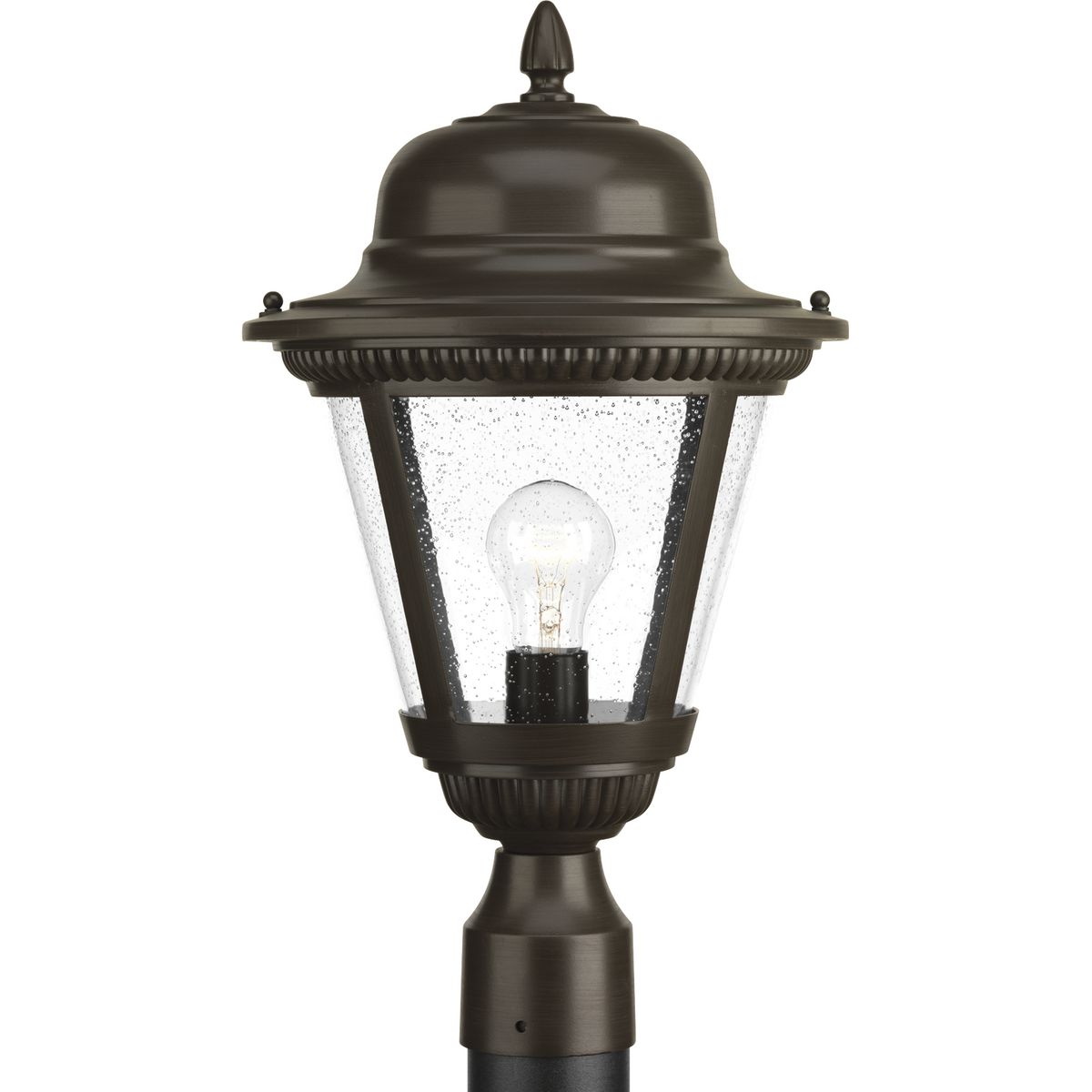 Add a touch of rustic appeal and classic styling with beaded detailing in the Westport collection. Clear seeded glass compliments the durable powder coat finish in die-cast aluminum frames. One-light 11 in post lantern. Antique Bronze finish.