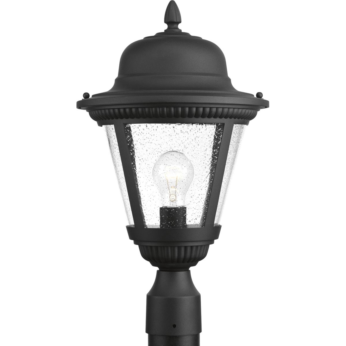Add a touch of rustic appeal and classic styling with beaded detailing in the Westport collection. Clear seeded glass compliments the durable powder coat finish in die-cast aluminum frames. One-light 11 in post lantern. Black finish.