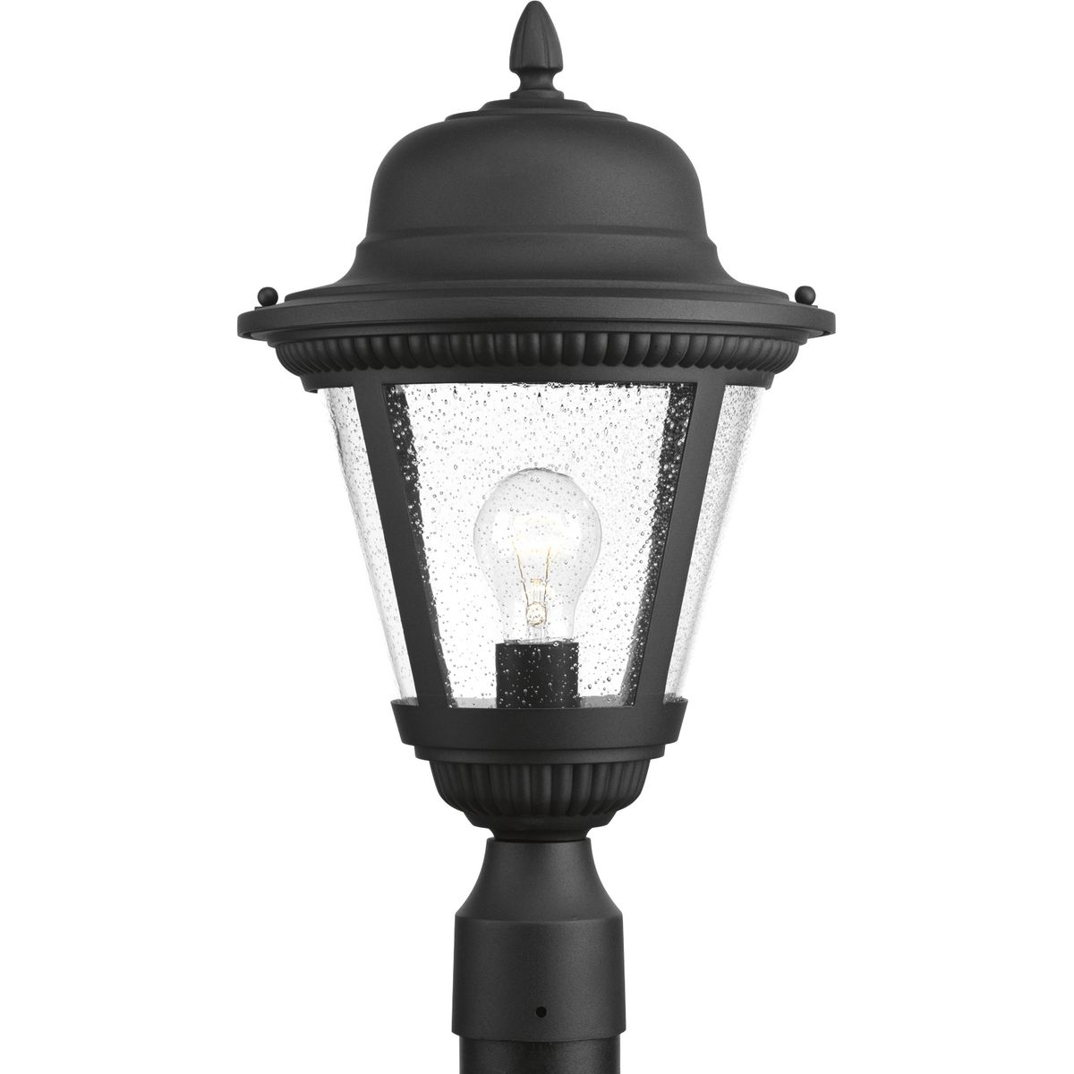 Add a touch of rustic appeal and classic styling with beaded detailing in the Westport collection. Clear seeded glass compliments the durable powder coat finish in die-cast aluminum frames. One-light 11 in post lantern. Black finish.
