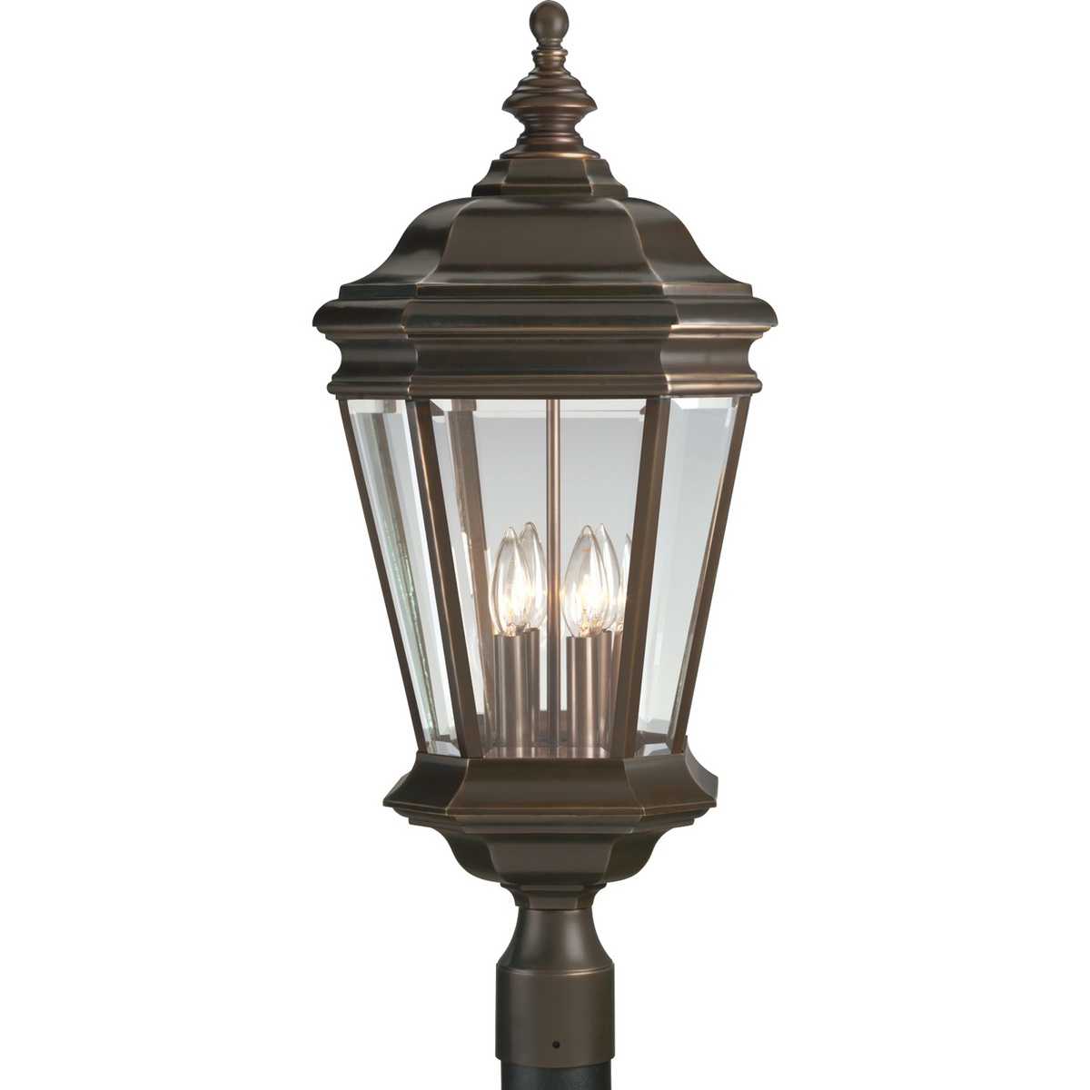 Four-light cast post mount lantern with clear beveled glass.