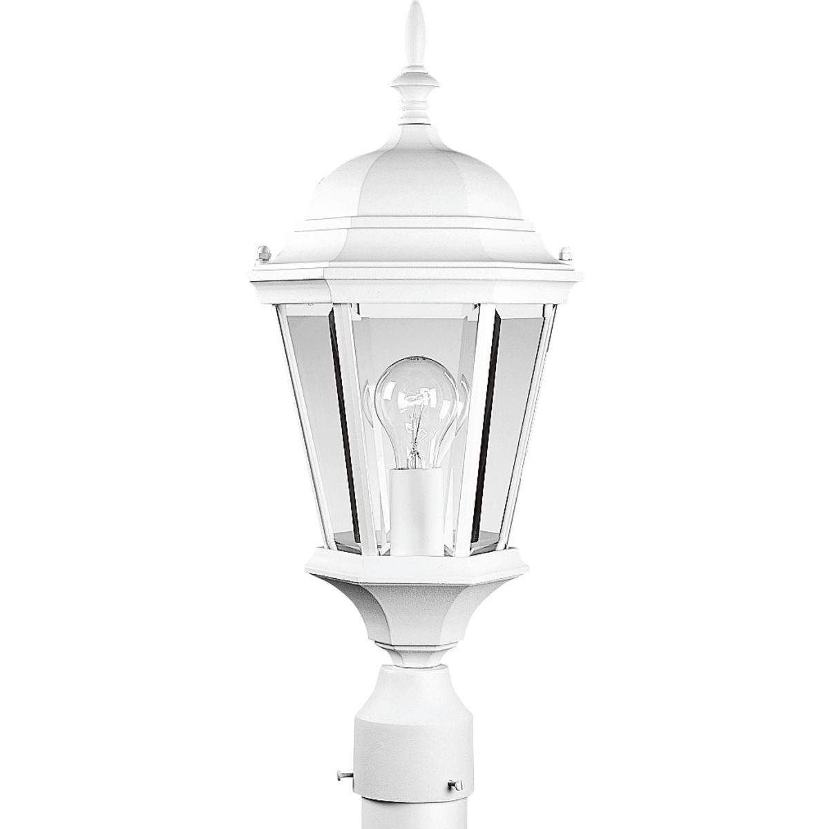The Welbourne collection features hexagonal framework with vine inspired scrolls and clear beveled glass panels. Cast aluminum construction with durable powder coat finish. One-light post lantern. Textured White finish.