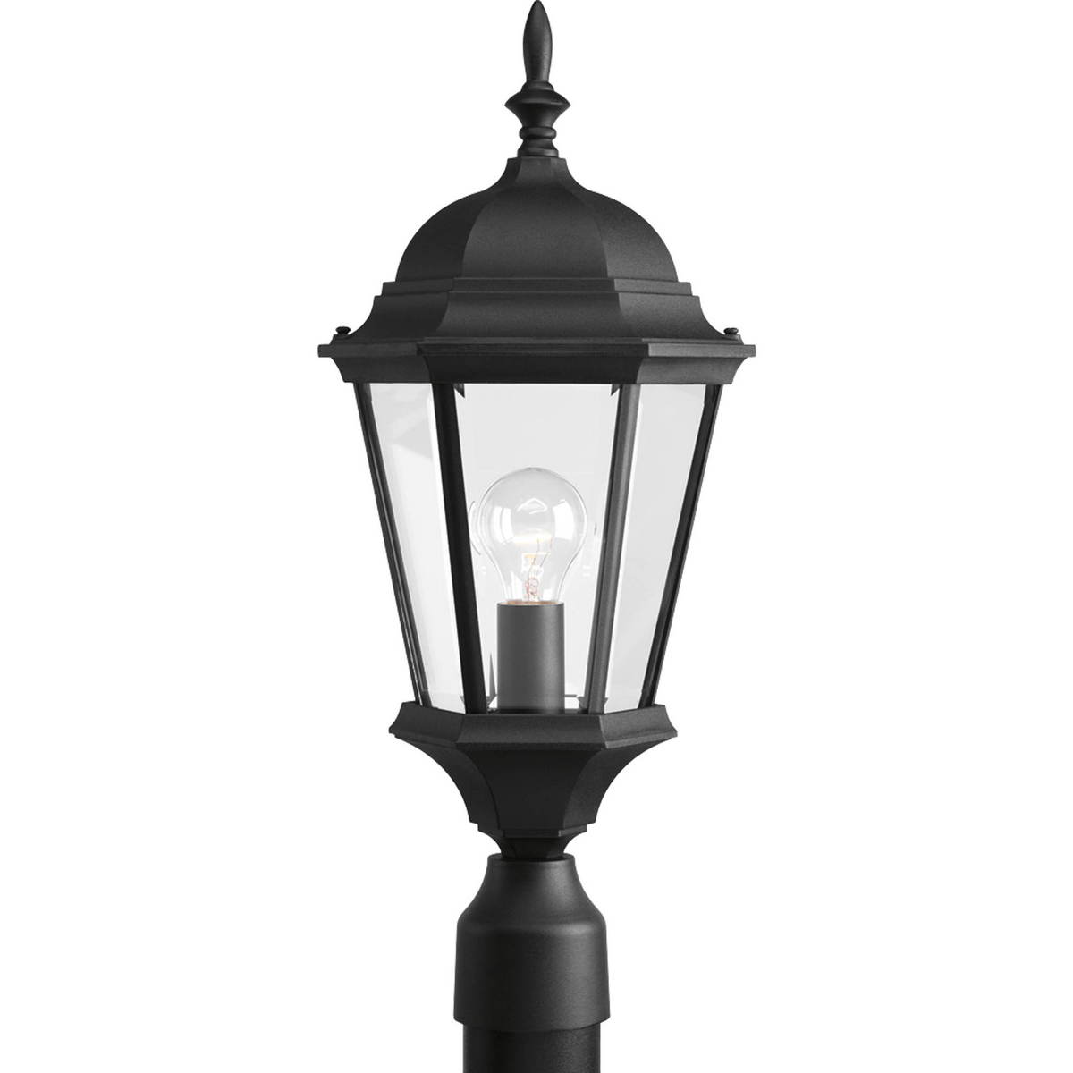 The Welbourne collection features hexagonal framework with vine inspired scrolls and clear beveled glass panels. Cast aluminum construction with durable powder coat finish. One-light post lantern. Textured Black finish.