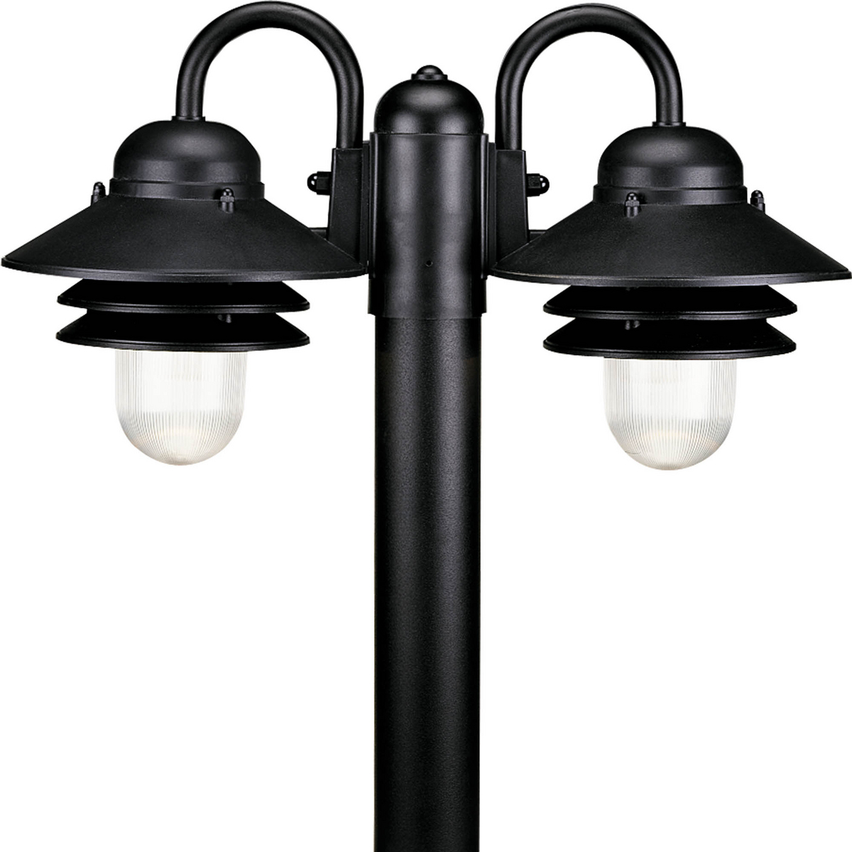 Two-light post mount plastic fixture with prismatic acrylic shade in a textured Black finish.