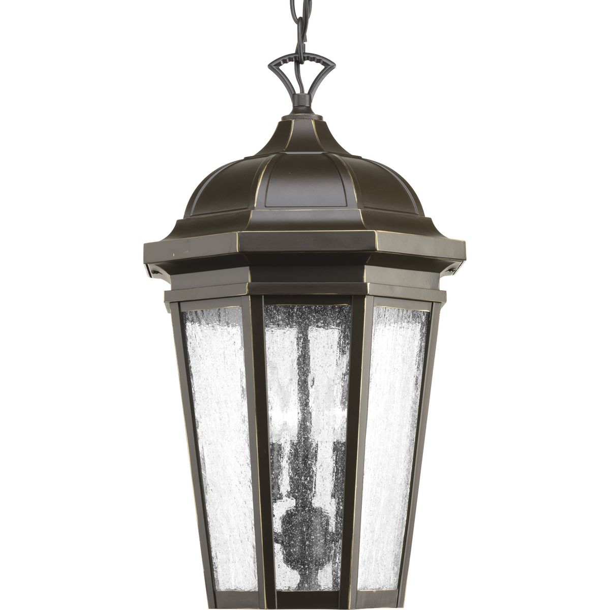 The three-light hanging lantern in the Verdae collection offers traditional styling for a variety of exteriors. Classic and formal clear seeded glass complements an Antique Bronze finish. Open bottom design allows easy access to replace lamps.