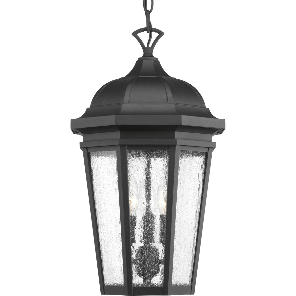The three-light hanging lantern in the Verdae collection offers traditional styling for a variety of exteriors. Classic and formal clear seeded glass complements a Black finish. Open bottom design allows easy access to replace lamps.