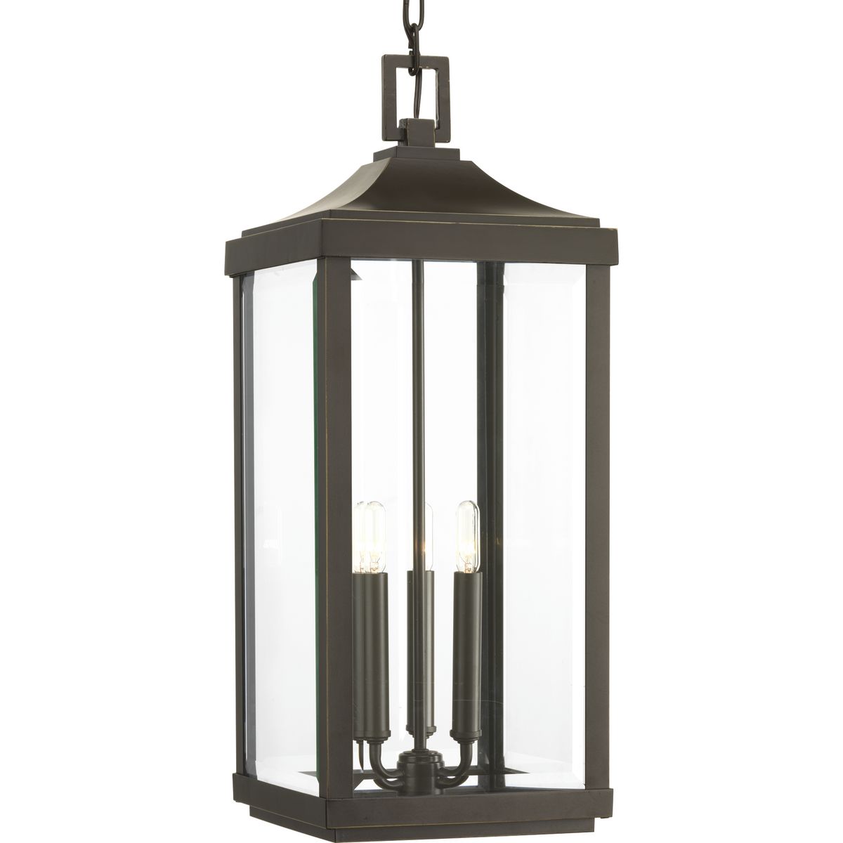 Elongated frames capture the romantic charm of vintage gas lanterns. Inspired by a stroll down a Charlestonian street bearing the same name, the Gibbes Street collection's three-light hanging lantern features clear beveled glass and an Antique Bronze finish. Wall and post lanterns complete the family.