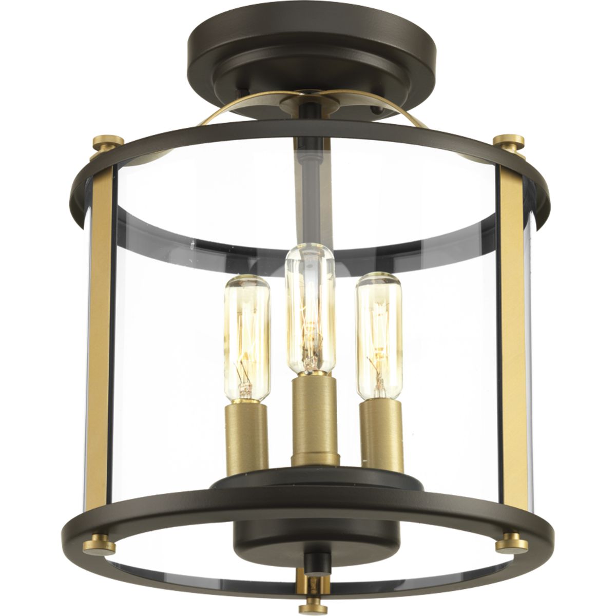 Squire three light semi-flush convertible lantern features a classic traditional profile with clean, modern metal fittings. The Antique Bronze finish is accented with contrasting Vintage Brass metallic elements, the cylindrical frame is comprised of...