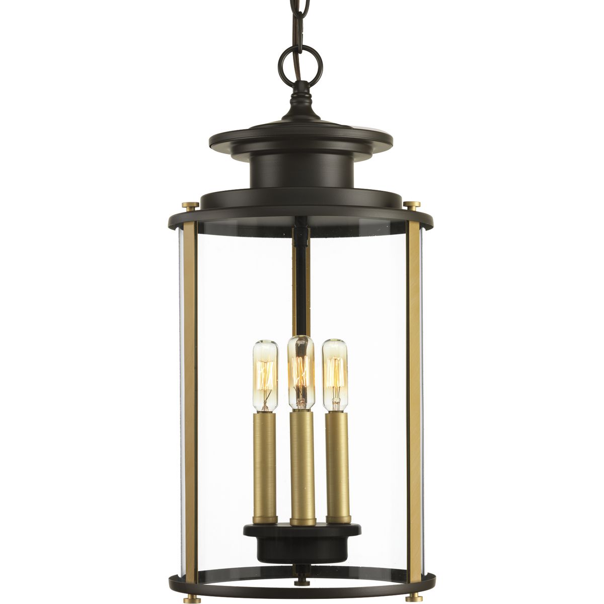 Squire three light hanging lantern features a classic traditional profile with clean, modern metal fittings. The Antique Bronze finish is accented with contrasting Vintage Brass metallic elements, the cylindrical frame is comprised of a clear glass diffuser.