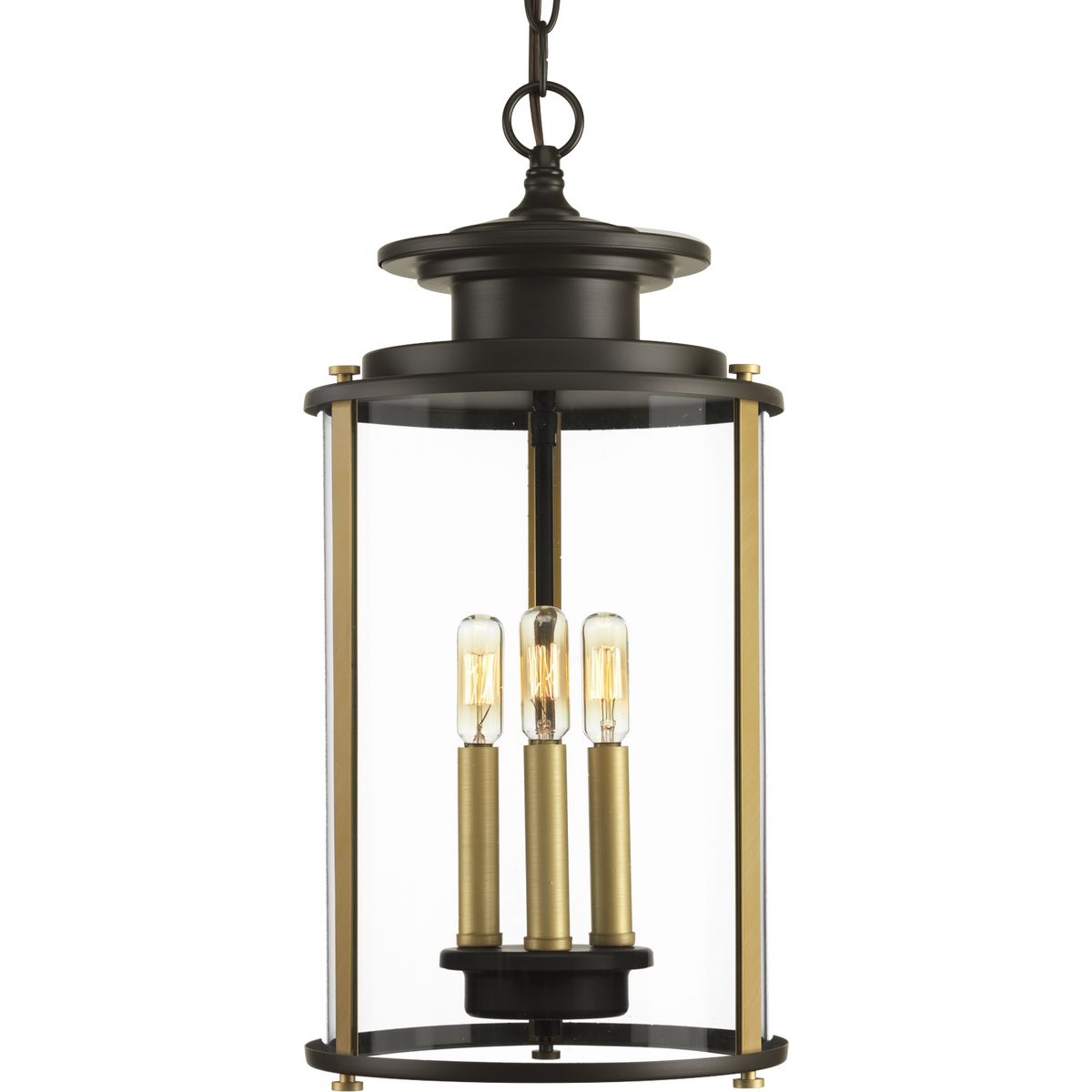 Squire three light hanging lantern features a classic traditional profile with clean, modern metal fittings. The Antique Bronze finish is accented with contrasting Vintage Brass metallic elements, the cylindrical frame is comprised of a clear glass d...
