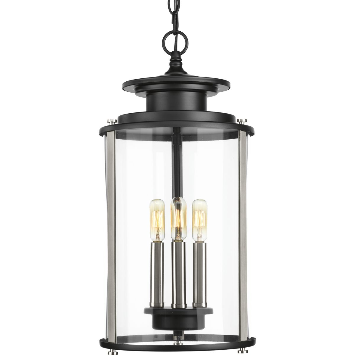 Squire three light hanging lantern features a classic traditional profile with clean, modern metal fittings. The Black finish is accented with contrasting Stainless Steel metallic elements, the cylindrical frame is comprised of a clear glass diffuser...