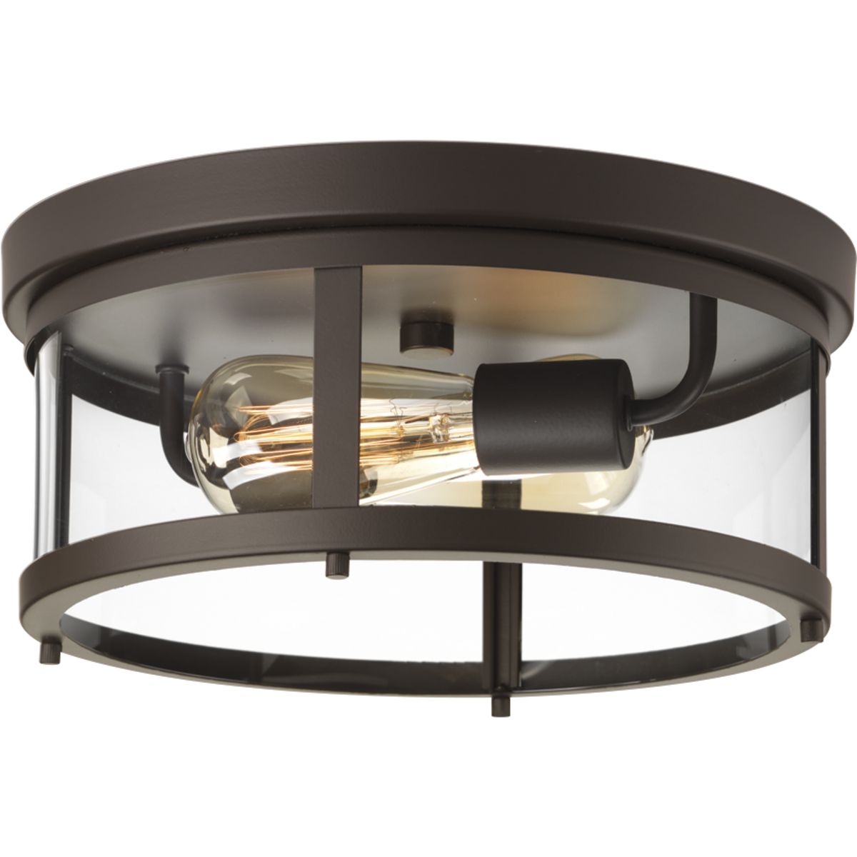 Gunther lanterns provide an affordable and stylish option to update a home's curb appeal. Inspired by the popular farmhouse design trend, these cylindrical lights provide the perfect showcase for vintage style light bulbs. The two-light flush mount features clear glass finished in Antique Bronze.