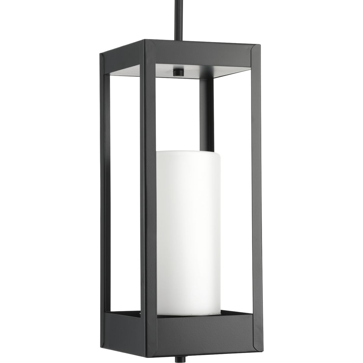 One-light large hanging lantern in the Patewood Collection have a modern shadowbox housing in a sleek Black finish constructed from durable stainless steel for years of reliability. The pillar candle style diffusers provide a crisp illumination for a pleasing complement to your home�s exterior.