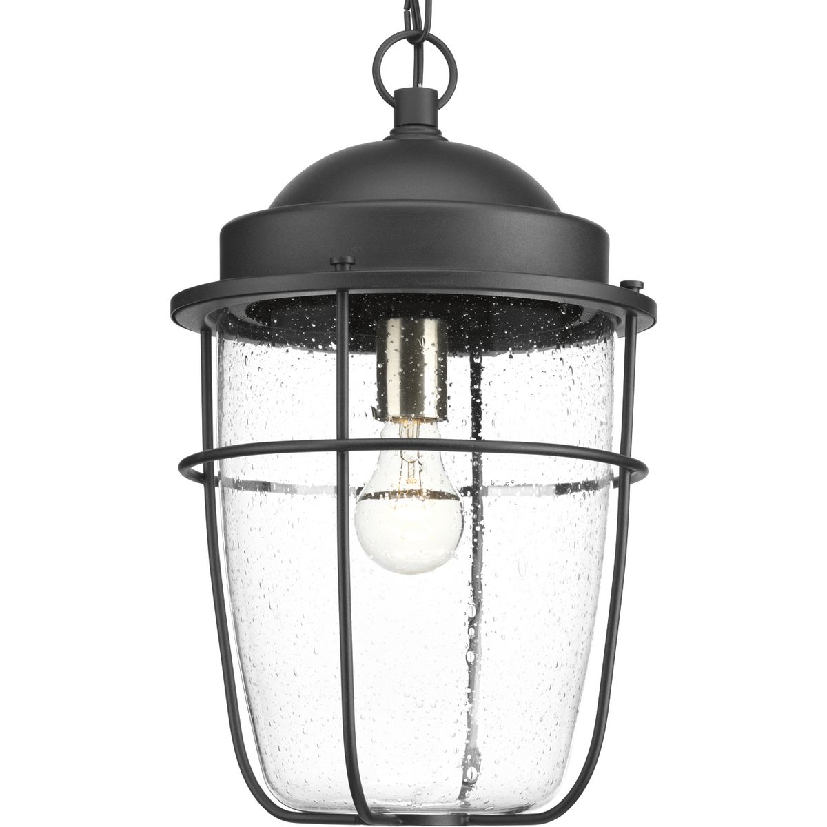 A nautical-inspired collection ideal for a variety of exteriors, including Coastal, Transitional and Urban Industrial settings. The one-light black hanging lantern with clear seeded glass feature a hint of brushed nickel on the interior. Geometric details offer a finishing touch for wall, hanging and post lantern options.