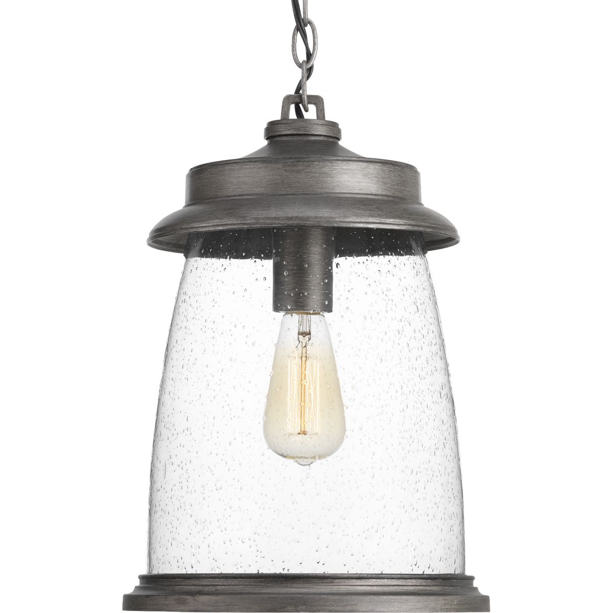 Conover is an outdoor lantern collection featuring nautical influences. A protective die cast ring surrounds beautiful clear seeded glass. Vintage metallic finishes are available for this collection that is sure to enhance curb appeal for a variety of exteriors. Hanging Lantern in a Antique Pewter finish.