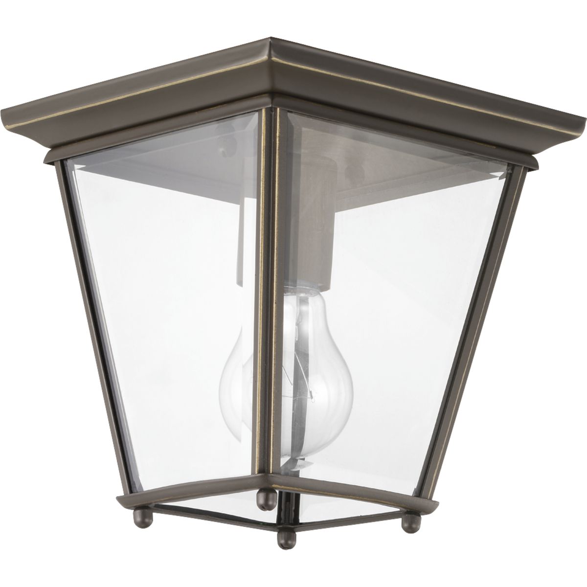 The Burlington collection flush mount finished in Antique Bronze fixture features an aluminum construction, weather-resistant performance with clear, beveled glass panels. Suitable for both indoor and outdoor applications, the open bottom design allows easy access to replace light bulbs.
