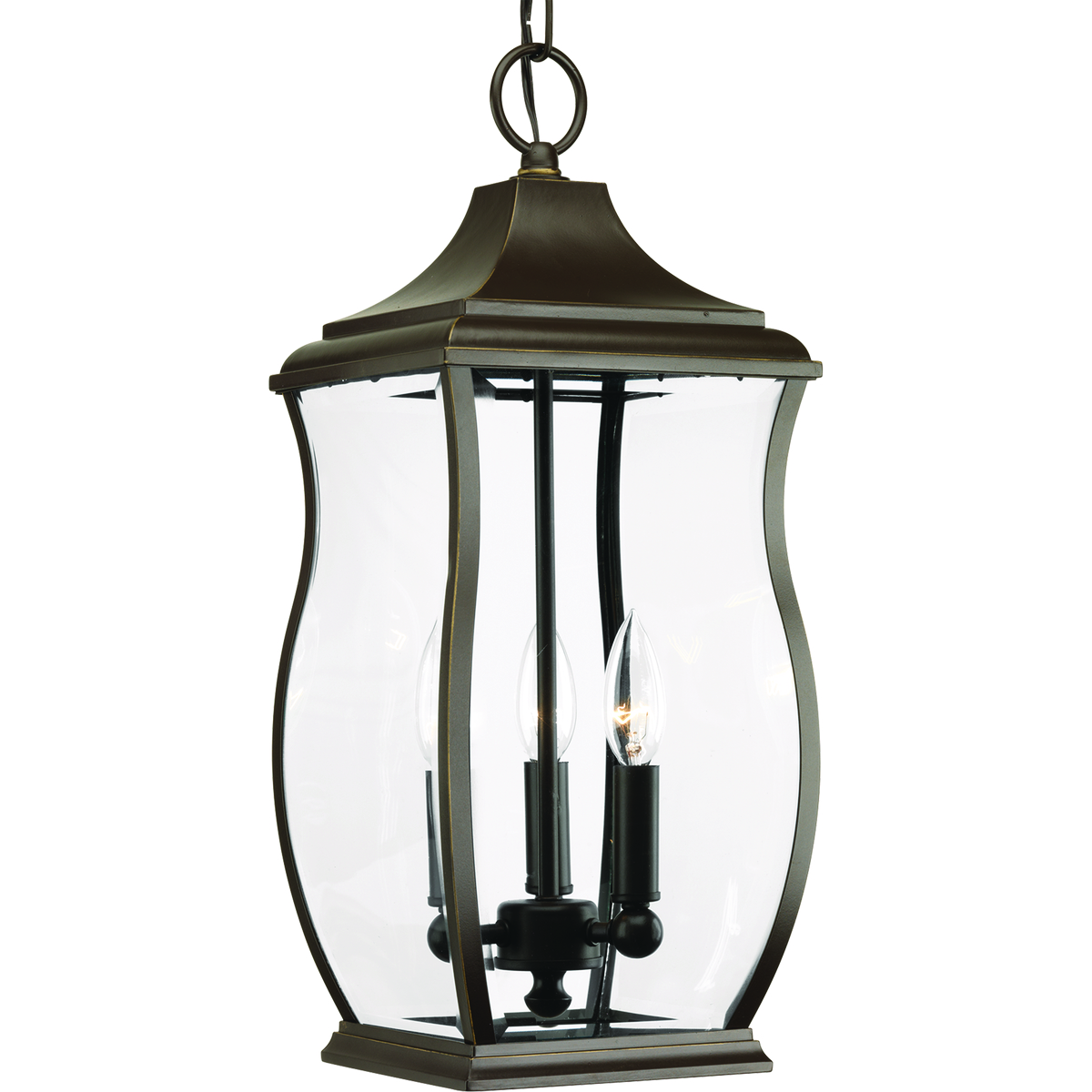 Enjoy the simple elegance of traditional styling in this three-light hanging lantern. Township's clear beveled glass and Oil Rubbed Bronze finish contains notes of New England-inspired style for this new outdoor lantern collection.