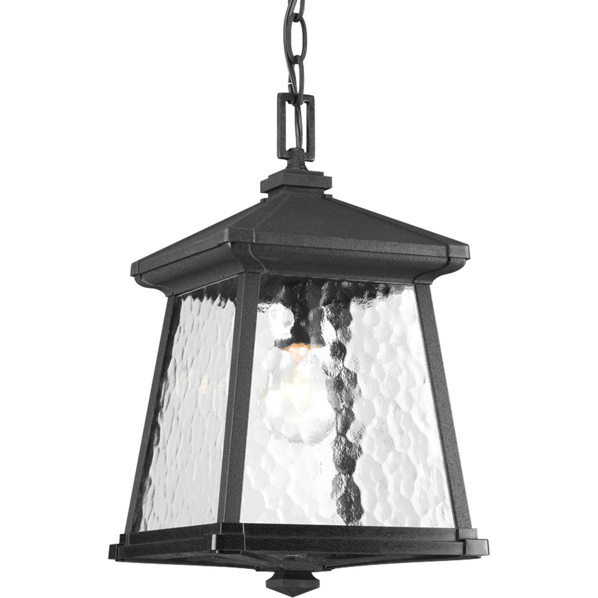 P5559-31 785247170289 Classic arts and crafts inspired profile. Cast aluminum construction with clear water glass and decorative bottom detail. Textured black powder coated finish. One-light hanging lantern.