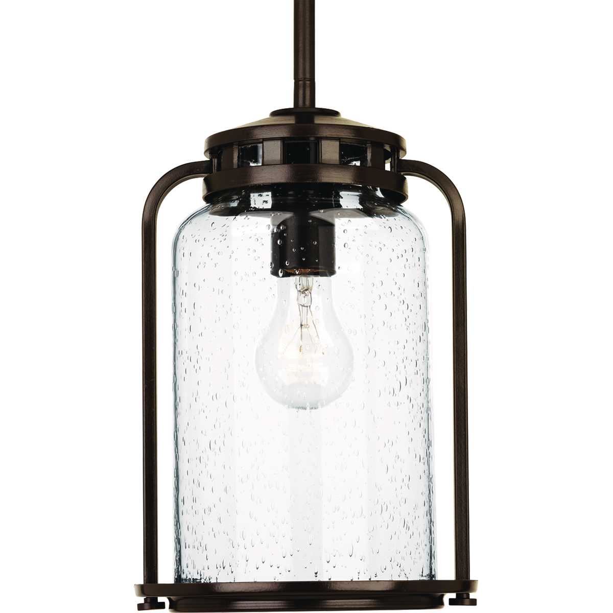 The one-light medium hanging lantern from the Botta Collection provides a casual feel to complement interiors and exteriors with vintage flair. Finely crafted accents highlight clear seeded glass.