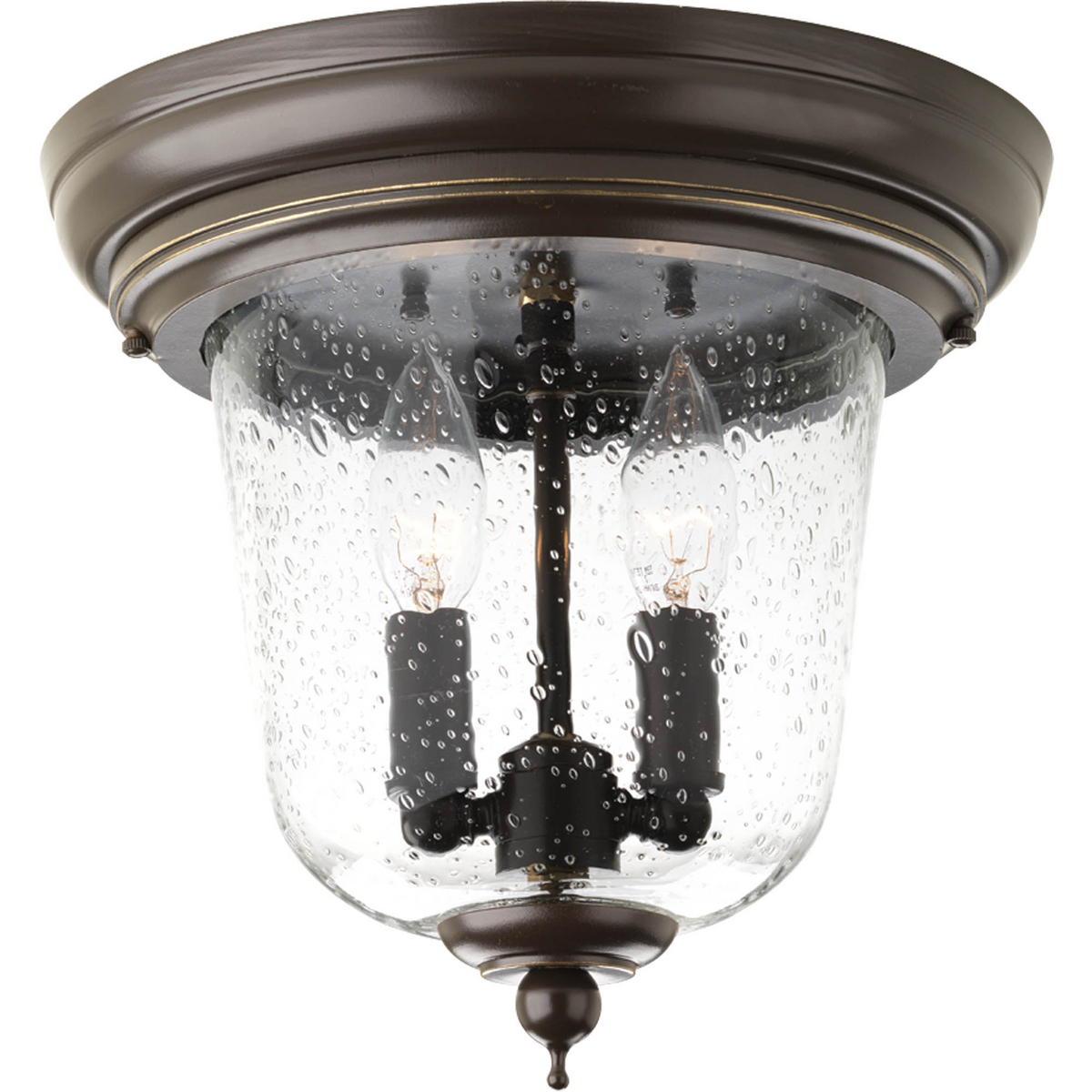 Inspired by lanterns from the Old World, the Ashmore collection incorporates handsome details, quill-scrolled arms and decorative finials. The water seeded glass is in a die-cast aluminum frame. The two-light flush mount.