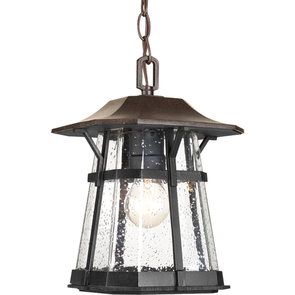 One-light hanging lantern from the Derby collection boasts a combination of Espresso and textured black powder coated finishes. The seeded glass diffuser is encased in the cast aluminum black from with the Espresso finish on the roof.