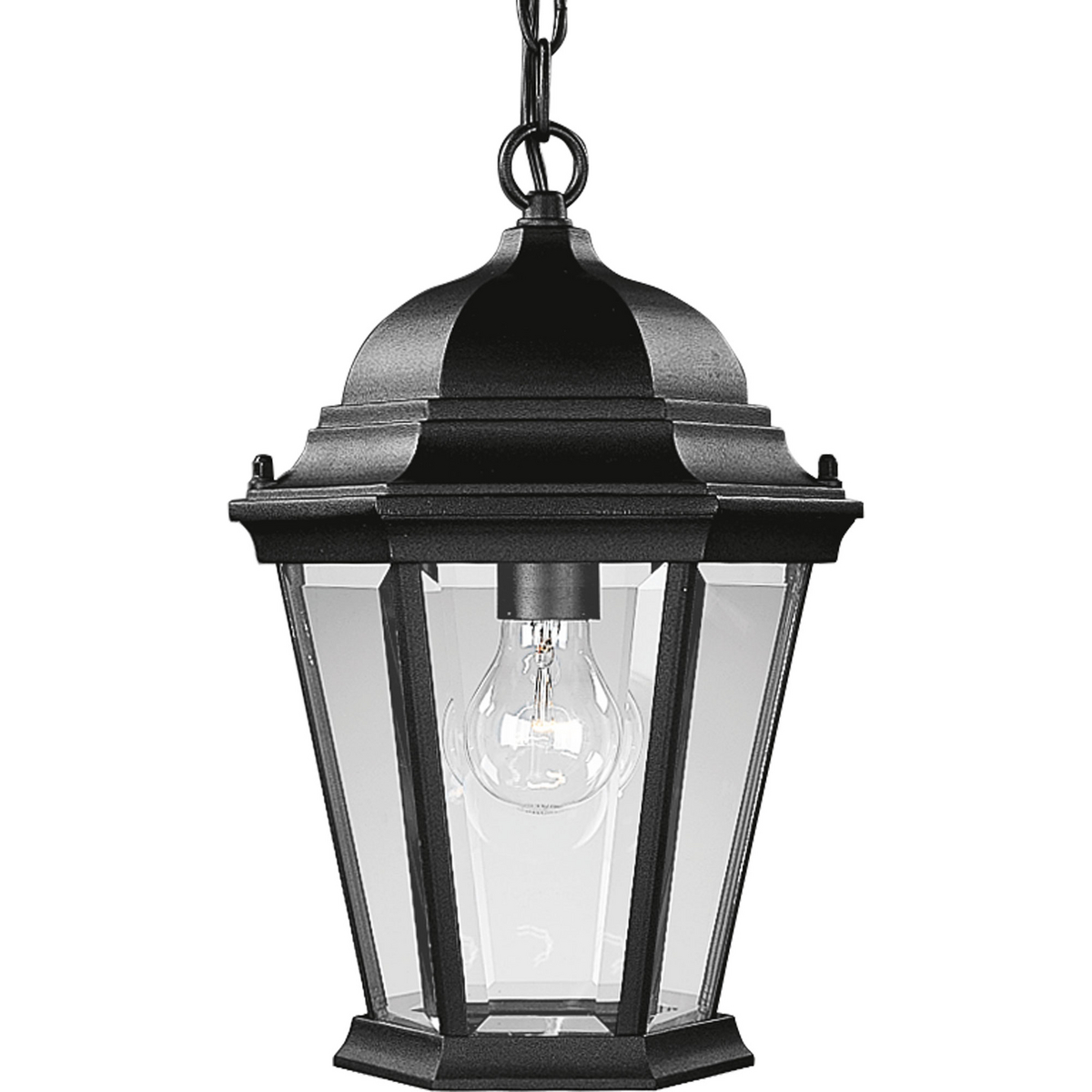 The Welbourne collection features hexagonal framework and clear beveled glass panels. Cast aluminum construction with durable powder coat finish. One-light hanging lantern.