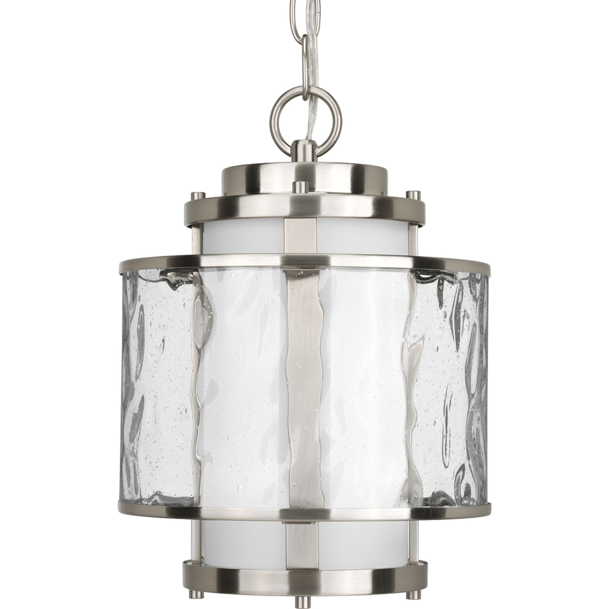 Discover the antique nautical charm of this Bay Court Collection One-Light Foyer Pendant. An etched glass diffuser is surrounded by a water glass gallery for a clean, beautiful design. This contemporary interpretation of a classic light fixture can is ideal for hanging over kitchen islands or in foyers. Great for kitchen islands, on each side of the bathroom mirror and many other areas of the home. One-light small foyer pendant in a Brushed Nickel finish.