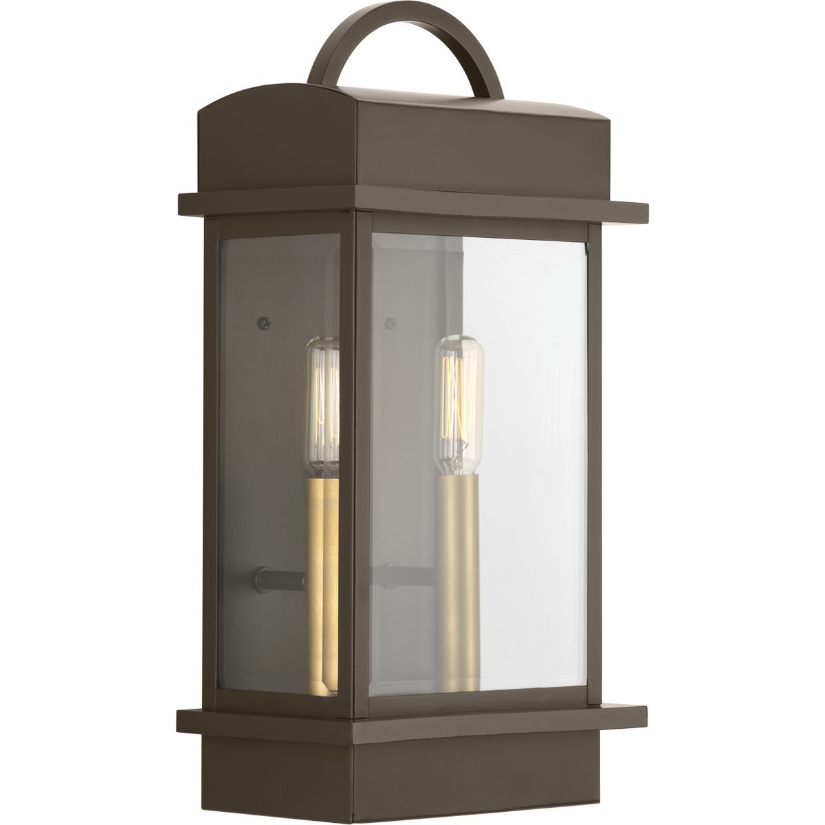 A classic two-light  wall lantern with contemporary touches describes Santee. Featuring a geometric frame and graphic handle, the wider beveled glass offers more refraction - and visual interest - than typical lantern designs and an Antique Bronze frame with painted brass candle option.