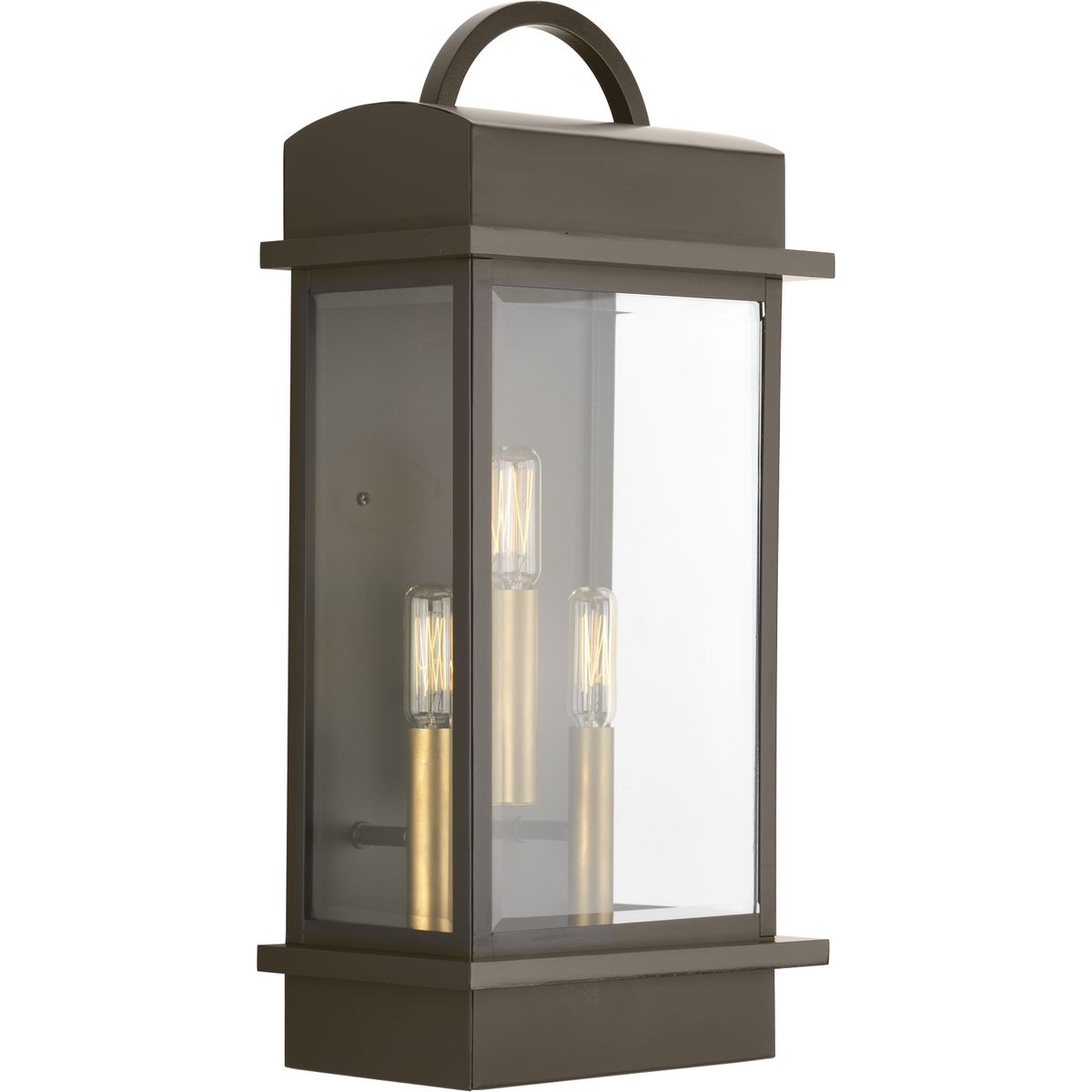 A classic three-light wall lantern with contemporary touches describes Santee. Featuring a geometric frame and graphic handle, the wider beveled glass offers more refraction - and visual interest - than typical lantern designs and an Antique Bronze frame with painted brass candle option.