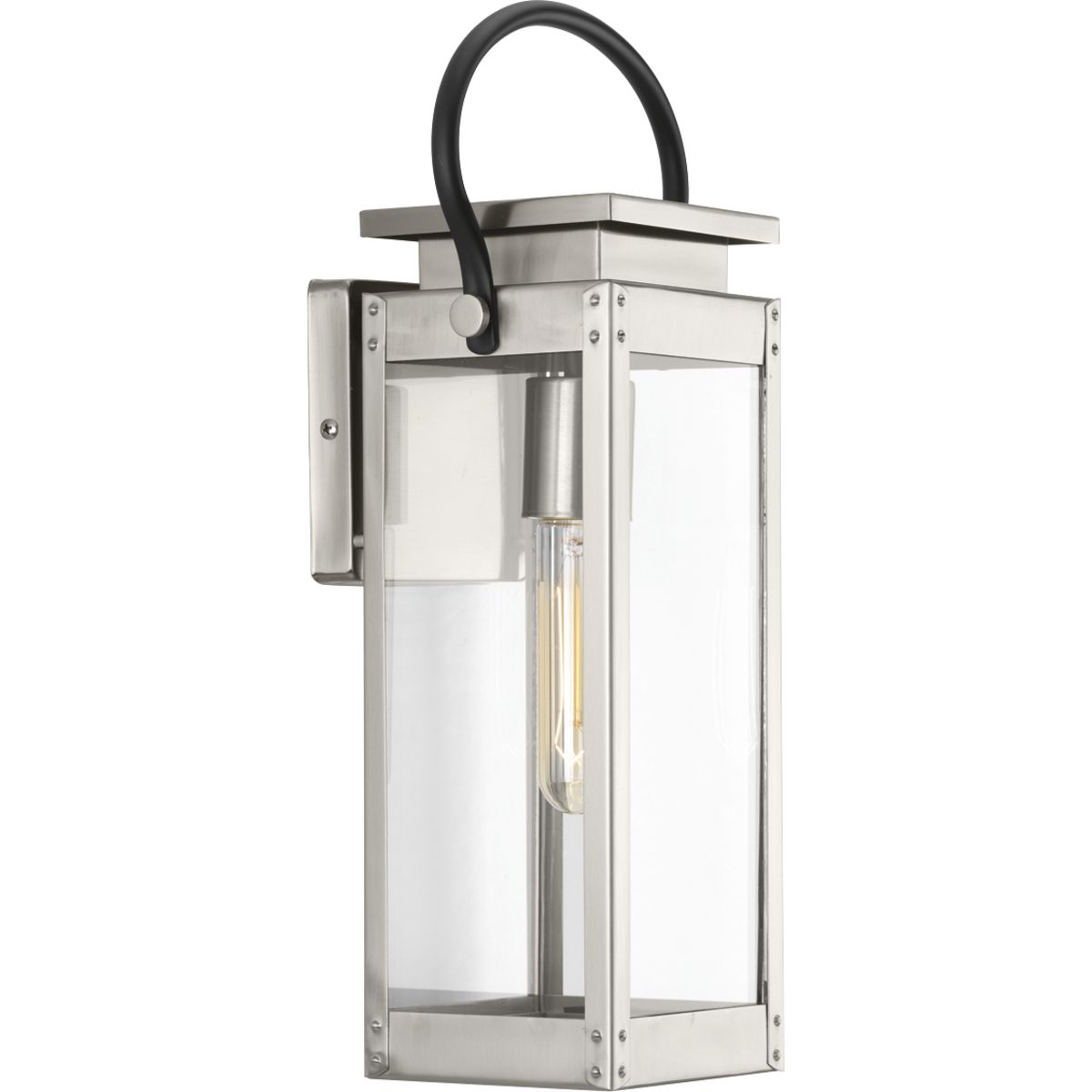 Union Square features a reproduction gas lantern inspiration. The small wall lantern features a Stainless Steel finish which complements the natural polished material and clear flat glass panels. Mechanical details - such as exaggerated knobs - provide character to the form. Open bottom design allows easy access to replace lamp.