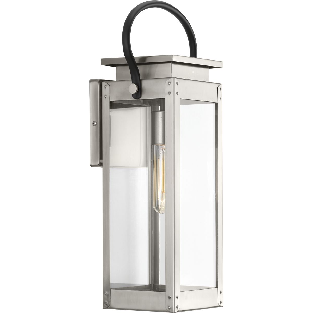 Union Square features a reproduction gas lantern inspiration. The medium wall lantern features a Stainless Steel finish which complements the natural polished material and clear flat glass panels. Mechanical details - such as exaggerated knobs - provide character to the form. Open bottom design allows easy access to replace lamp.