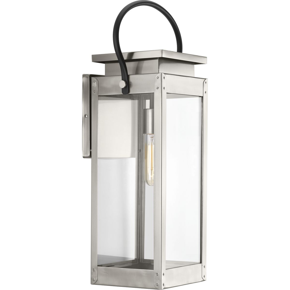 Union Square features a reproduction gas lantern inspiration. The large wall lantern features a Stainless Steel finish which complements the natural polished material and clear flat glass panels. Mechanical details - such as exaggerated knobs - provide character to the form. Open bottom design allows easy access to replace lamp.
