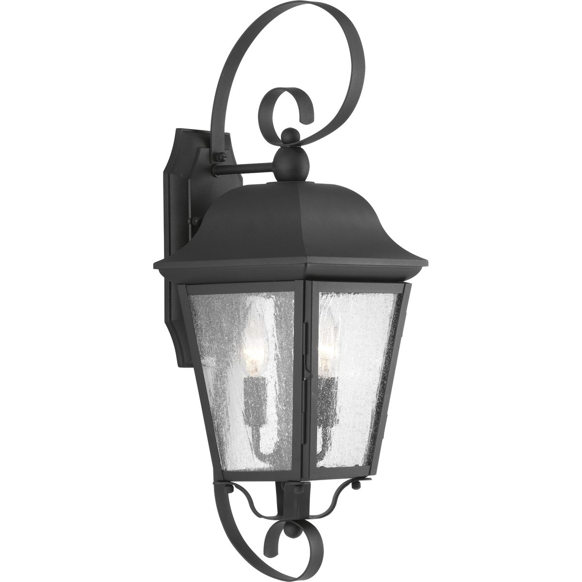 Enjoy the updated classic styling for a variety of outdoor applications in the Kiawah collection. The two-light wall lantern features seeded glass panels and traditional detailing combine to create a soft and updated lantern design. Hinged door for easy relamping.