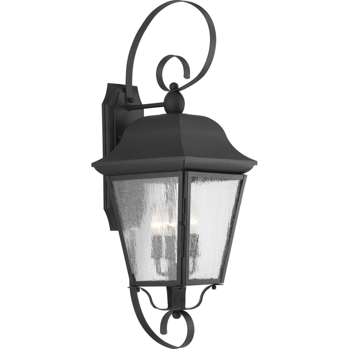 Enjoy the updated classic styling for a variety of outdoor applications in the Kiawah collection. The three-light large wall lantern features seeded glass panels and traditional detailing combine to create a soft and updated lantern design. Hinged door for easy relamping.
