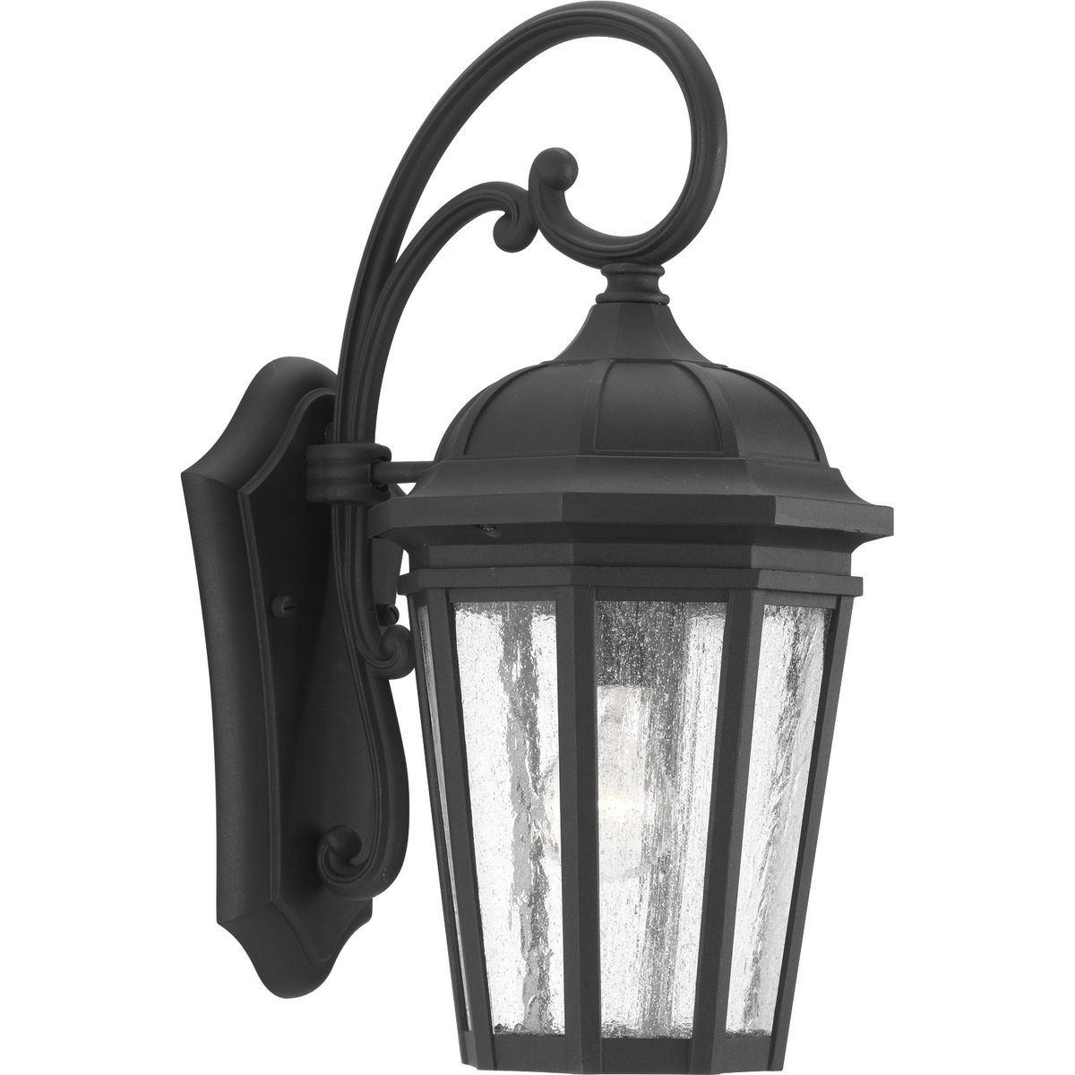 The one-light medium wall lantern in the Verdae collection offers traditional styling for a variety of exteriors. Classic and formal clear seeded glass complements a Black finish. Open bottom design allows easy access to replace lamps. Black finish.