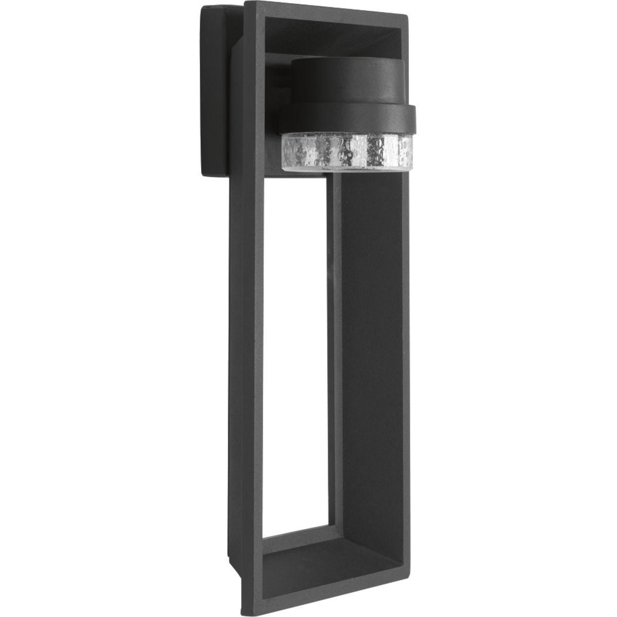 A modern outdoor sconce with an open linear frame and seeded glass diffuser. Finished in Black. 624 lumens (source), 90+ CRI.