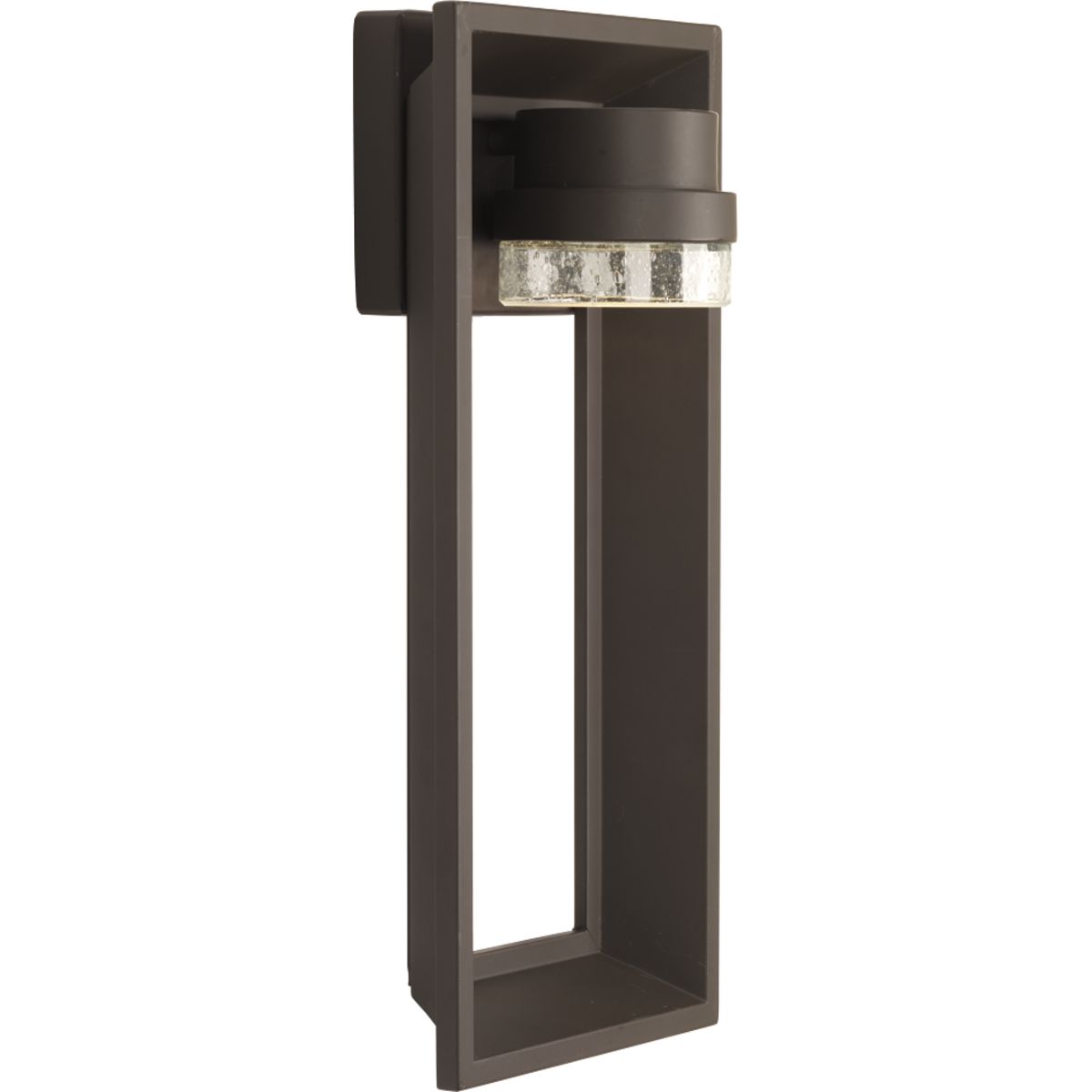 A modern outdoor sconce with an open linear frame and seeded glass diffuser. Finished in Architectural Bronze. 624 lumens (source), 90+ CRI.