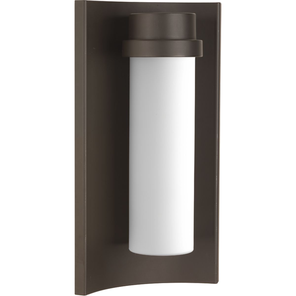 A modern outdoor sconce with white glass shade is suspended in a curved frame that serves as a reflector when illuminated. Finished in Architectural Bronze.