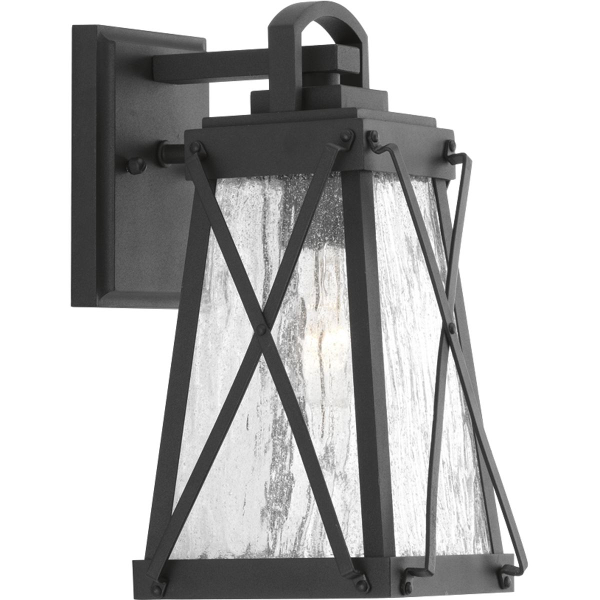A cottage-inspired outdoor small wall lantern with a tapered cage. Creighton features clear water glass clear and Black finish. The frame's linear details are riveted to enhance mechanical detailing of the fixture. Wall, post and hanging lantern options available. Black finish.