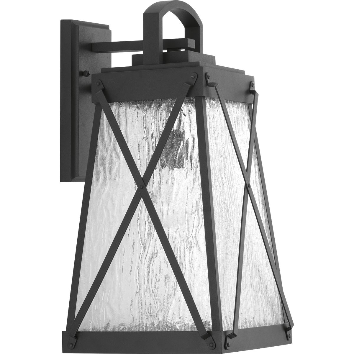A cottage-inspired outdoor large wall lantern with a tapered cage. Creighton features clear water glass clear and Black finish. The frame's linear details are riveted to enhance mechanical detailing of the fixture. Wall, post and hanging lantern options available. Black finish.