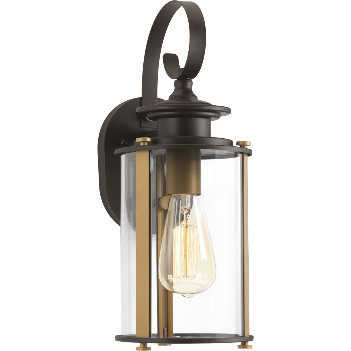 Squire one light small wall  lantern features a classic traditional profile with clean, modern metal fittings. The Antique Bronze finish is accented with contrasting Vintage Brass metallic elements, the cylindrical frame is comprised of a clear glass diffuser.