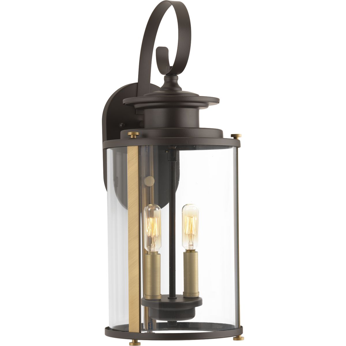 Squire two light medium wall lantern features a classic traditional profile with clean, modern metal fittings. The Antique Bronze finish is accented with contrasting Vintage Brass metallic elements, the cylindrical frame is comprised of a clear glass diffuser.