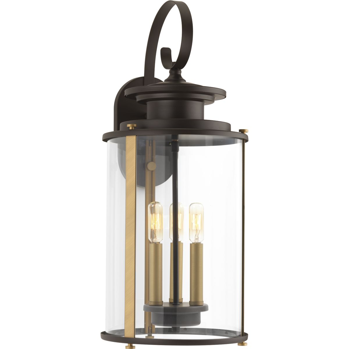 Squire three light large wall lantern features a classic traditional profile with clean, modern metal fittings. The Antique Bronze finish is accented with contrasting Vintage Brass metallic elements, the cylindrical frame is comprised of a clear glass diffuser.