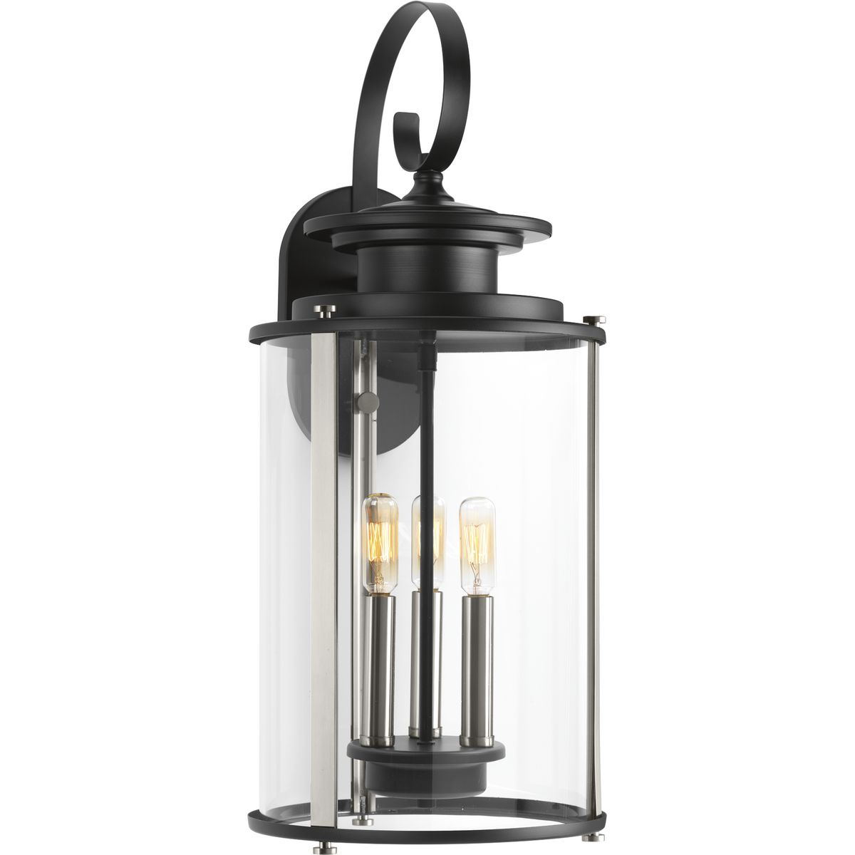 Squire three light large wall lantern features a classic traditional profile with clean, modern metal fittings. The Black finish is accented with contrasting Stainless Steel metallic elements, the cylindrical frame is comprised of a clear glass diffuser.