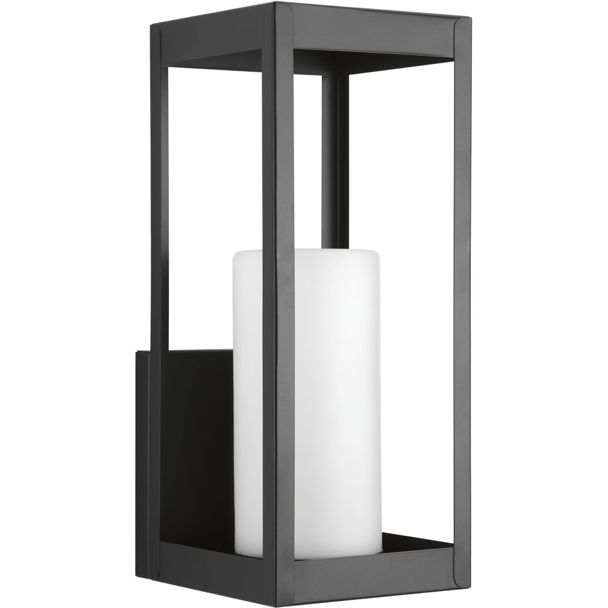 One-light large wall lantern in the Patewood Collection have a modern shadowbox housing in a sleek Black finish constructed from durable stainless steel for years of reliability. The pillar candle style diffusers provide a crisp illumination for a pleasing complement to your home�s exterior.