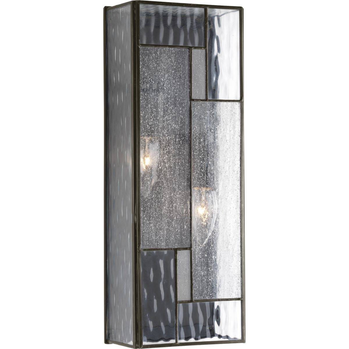 Geometric lanterns feature an artfully crafted glass enclosure with a pleasing arrangement of contrasting seeded and water glass panels. Vertical mounted only. ADA compliant.