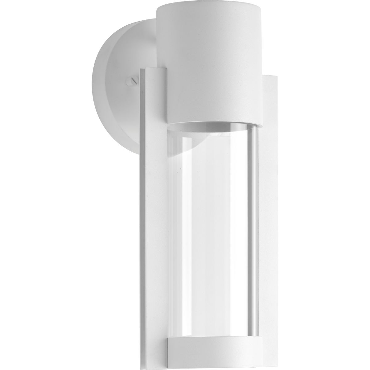 A modern small outdoor LED sconce with an architectural-inspired open linear frame and clear glass diffuser. Finished in Satin White.