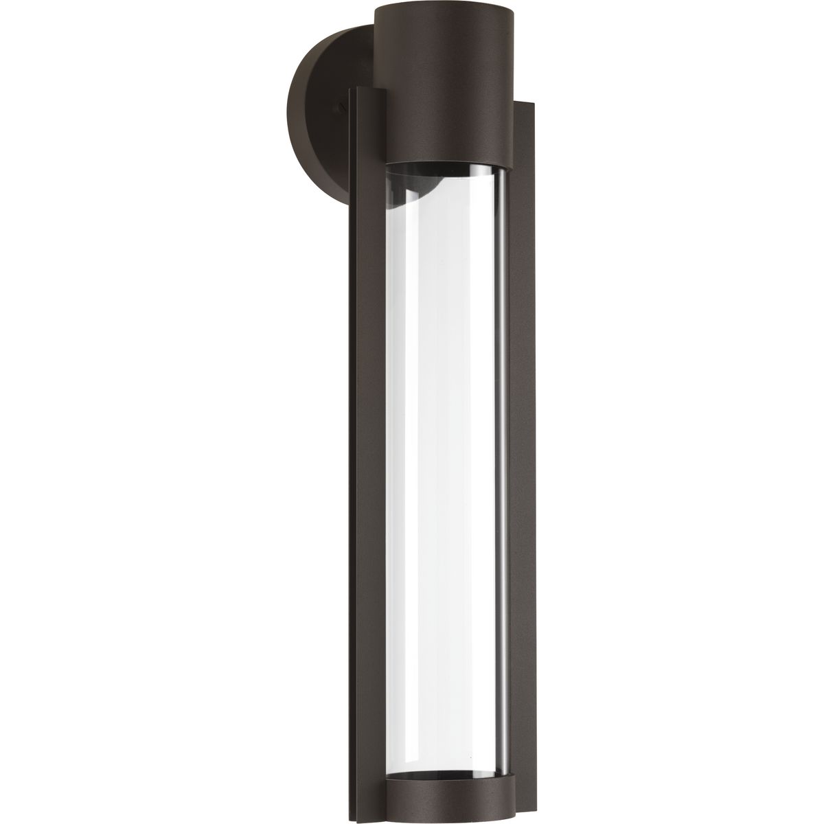 A modern medium outdoor LED sconce with an architectural-inspired open linear frame and clear glass diffuser. Finished in Antique Bronze.