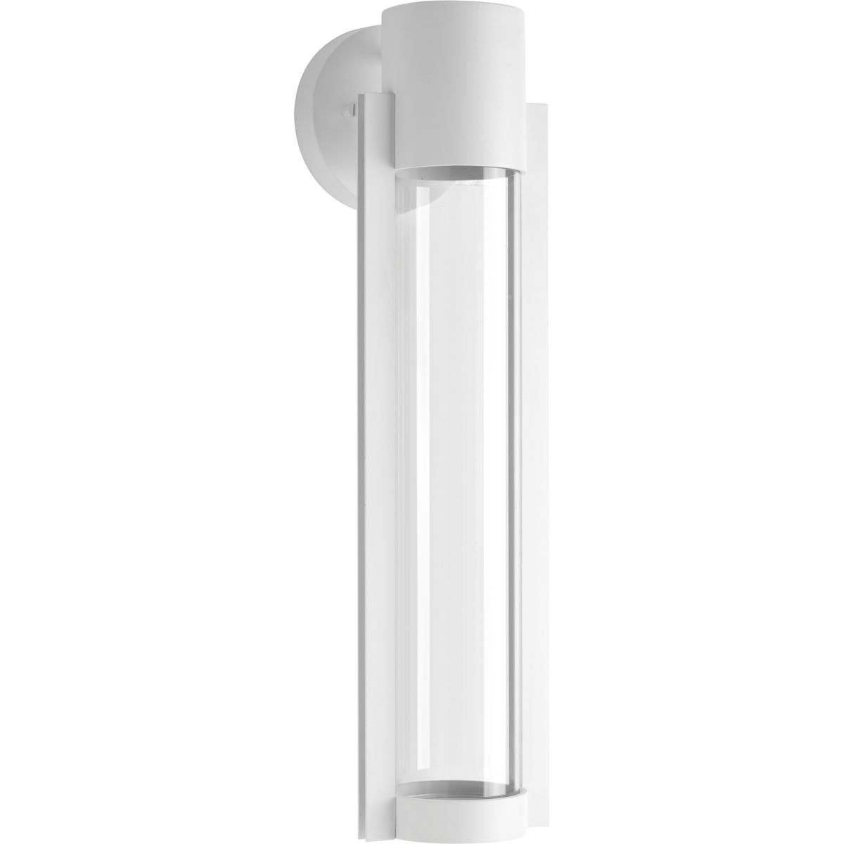 A modern medium outdoor LED sconce with an architectural-inspired open linear frame and clear glass diffuser. Finished in Satin White.