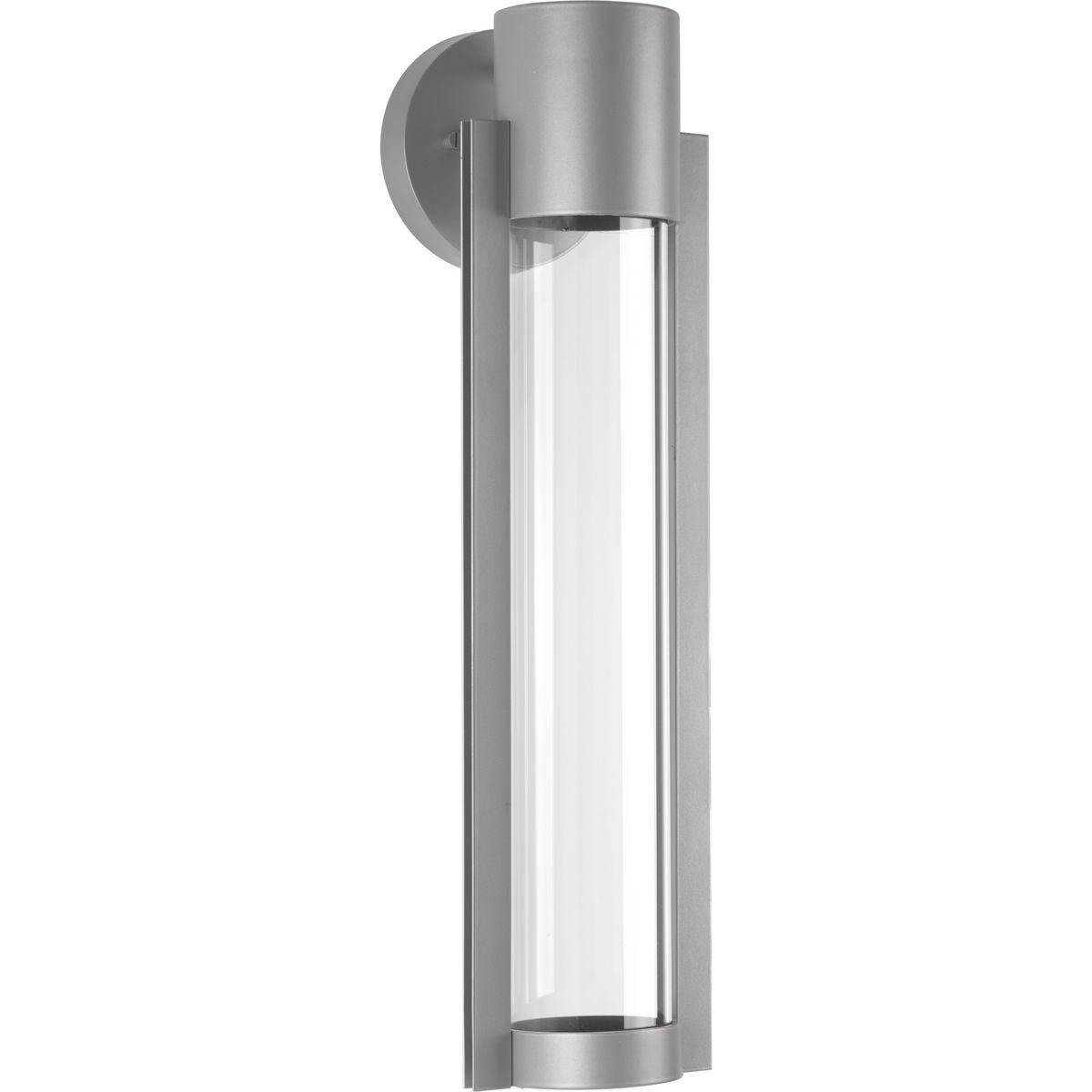 A modern medium outdoor LED sconce with an architectural-inspired open linear frame and clear glass diffuser. Finished in Metallic Gray.