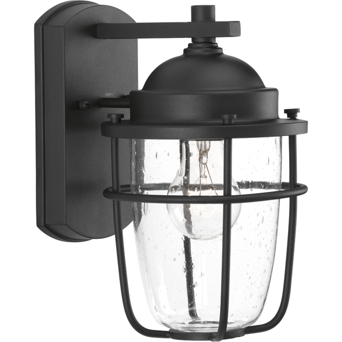 A nautical-inspired collection ideal for a variety of exteriors, including Coastal, Transitional and Urban Industrial settings. The one-light black small wall lantern with clear seeded glass feature a hint of brushed nickel on the interior. Geometric details offer a finishing touch for wall, hanging and post lantern options.